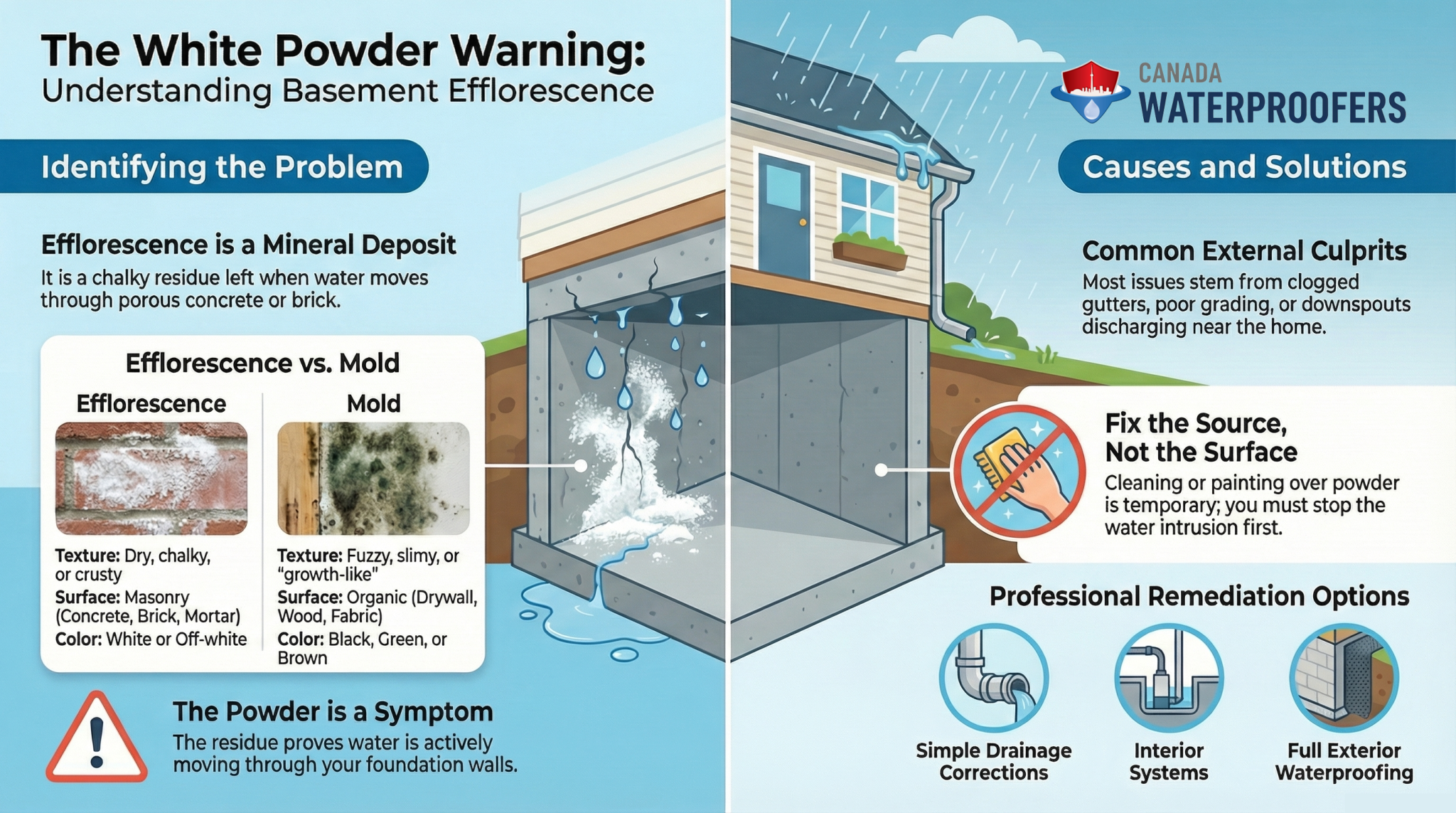 Diagram shows efflorence vs mold and how to fix it