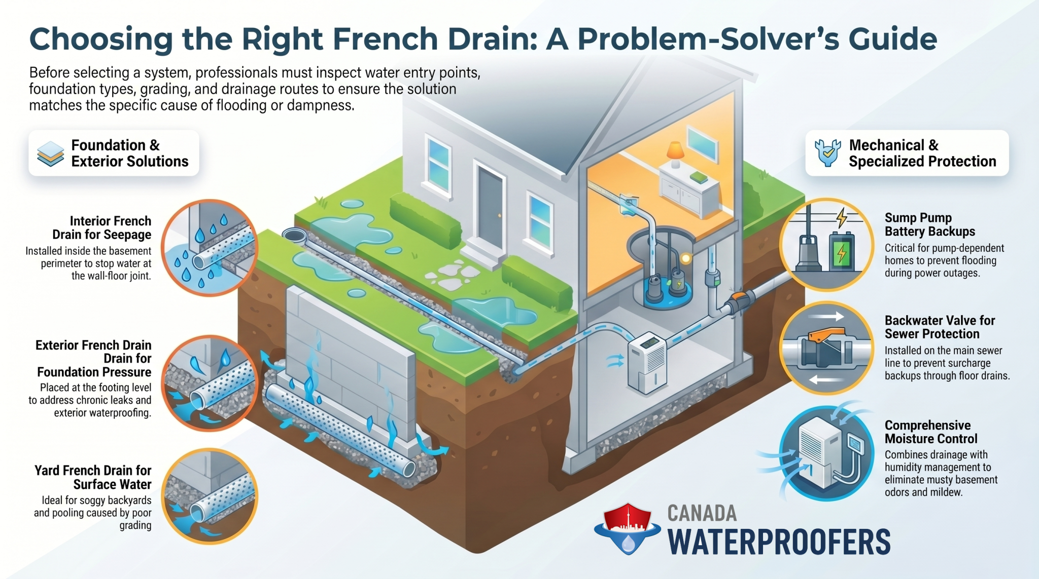 Diagram shows differences between various french drain systems
