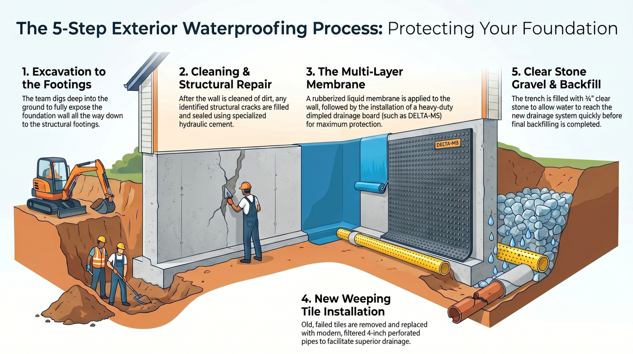 Image shows the process of exterior waterproofing a basement