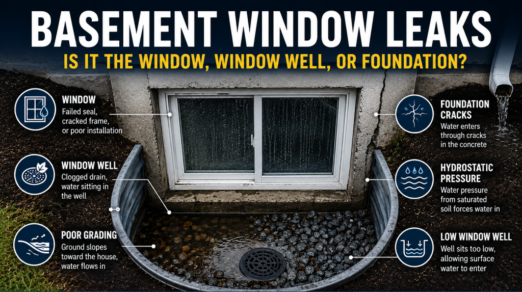 Water collecting inside a leaking basement window well in Toronto
