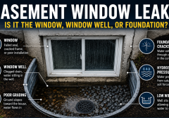 Water collecting inside a leaking basement window well in Toronto